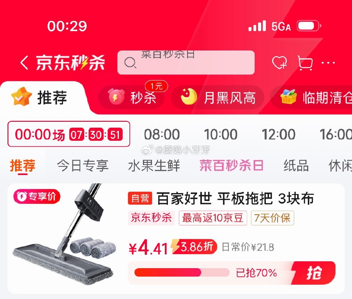 🐶东 秒杀会场 （翻到产品加购）： 百家好世 平板拖把37cm3布 砸5券，弹4立减【4.41】...