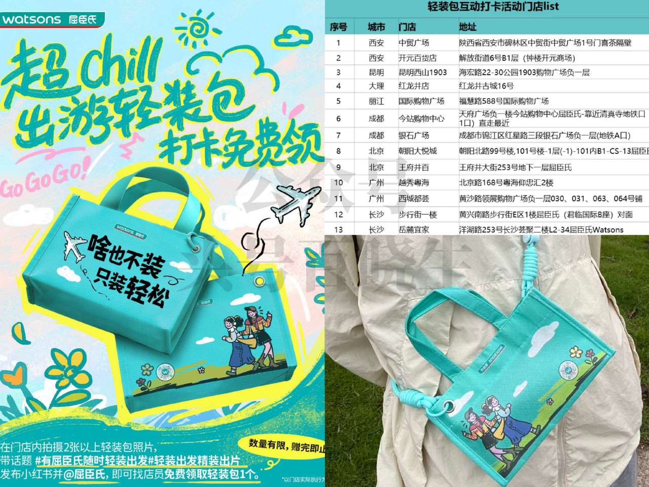 预告【屈臣氏到店领轻装包】 ⏰5.1-20日 限图13家屈臣氏门店 到店完成指定打咔 即可兔费领 轻...